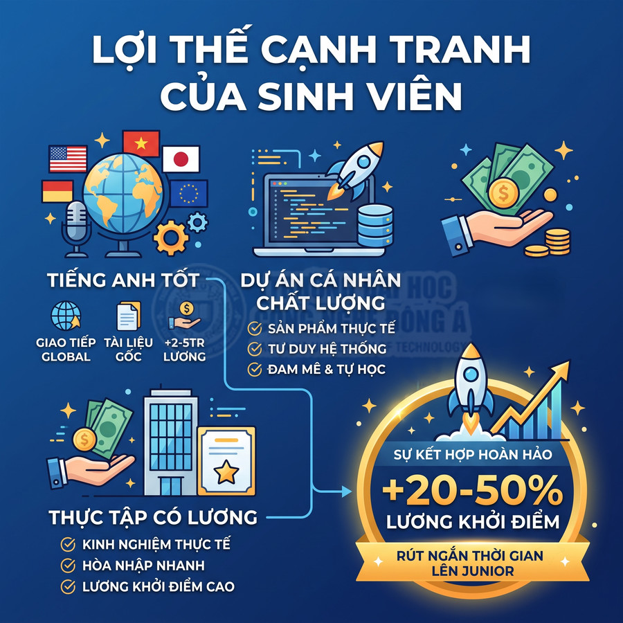 Infographic lợi thế cạnh tranh của sinh viên với tiếng Anh tốt, dự án cá nhân chất lượng và thực tập có lương