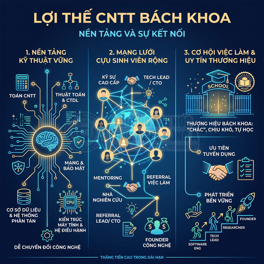 Infographic lợi thế ngành CNTT Bách Khoa với nền tảng kỹ thuật, mạng lưới cựu sinh viên và cơ hội việc làm