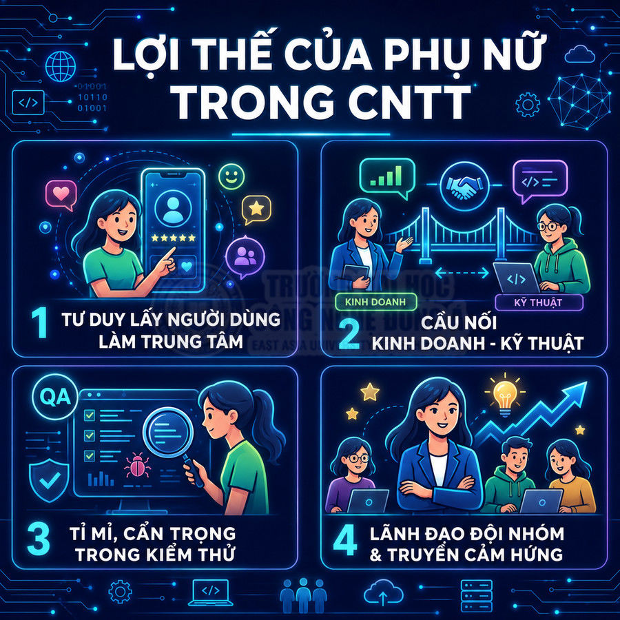 Infographic lợi thế của phụ nữ trong ngành CNTT với các vai trò UX, cầu nối kinh doanh kỹ thuật, kiểm thử và lãnh đạo đội nhóm