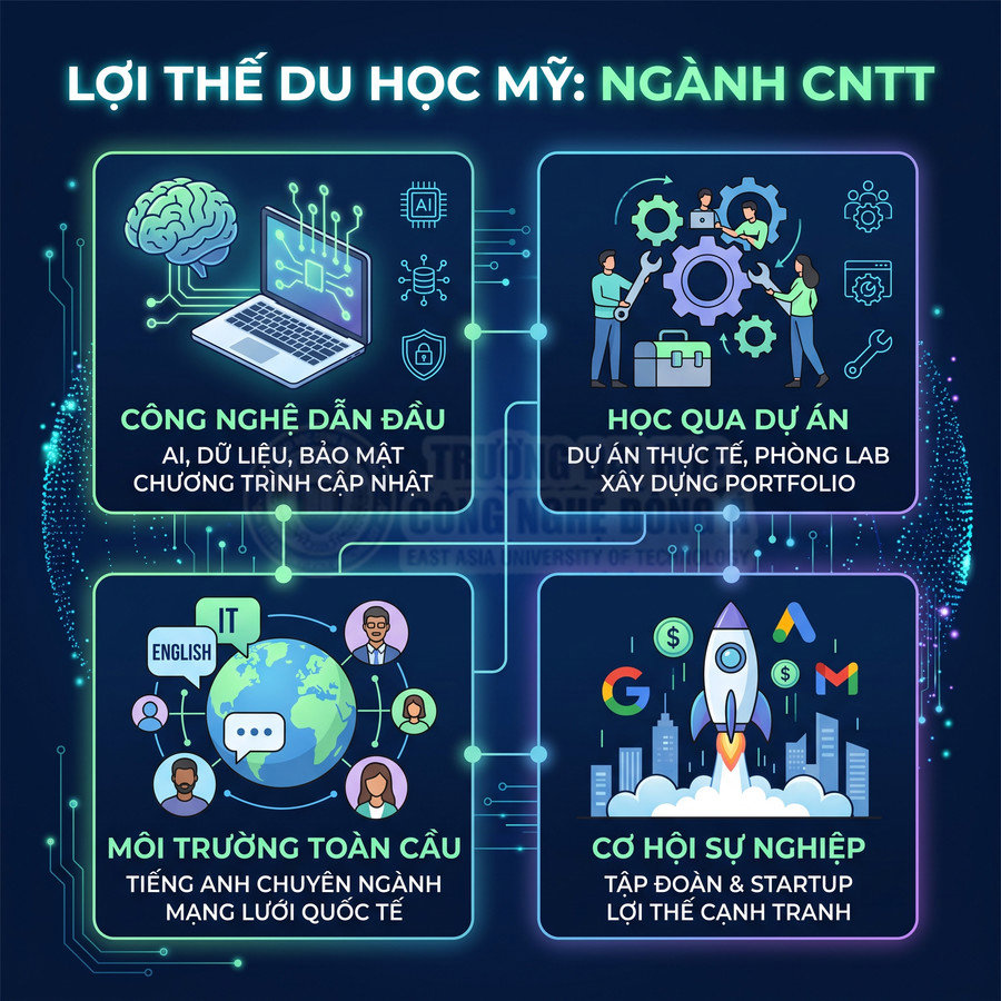 Infographic lợi thế du học Mỹ ngành công nghệ thông tin với công nghệ dẫn đầu, môi trường toàn cầu và cơ hội sự nghiệp