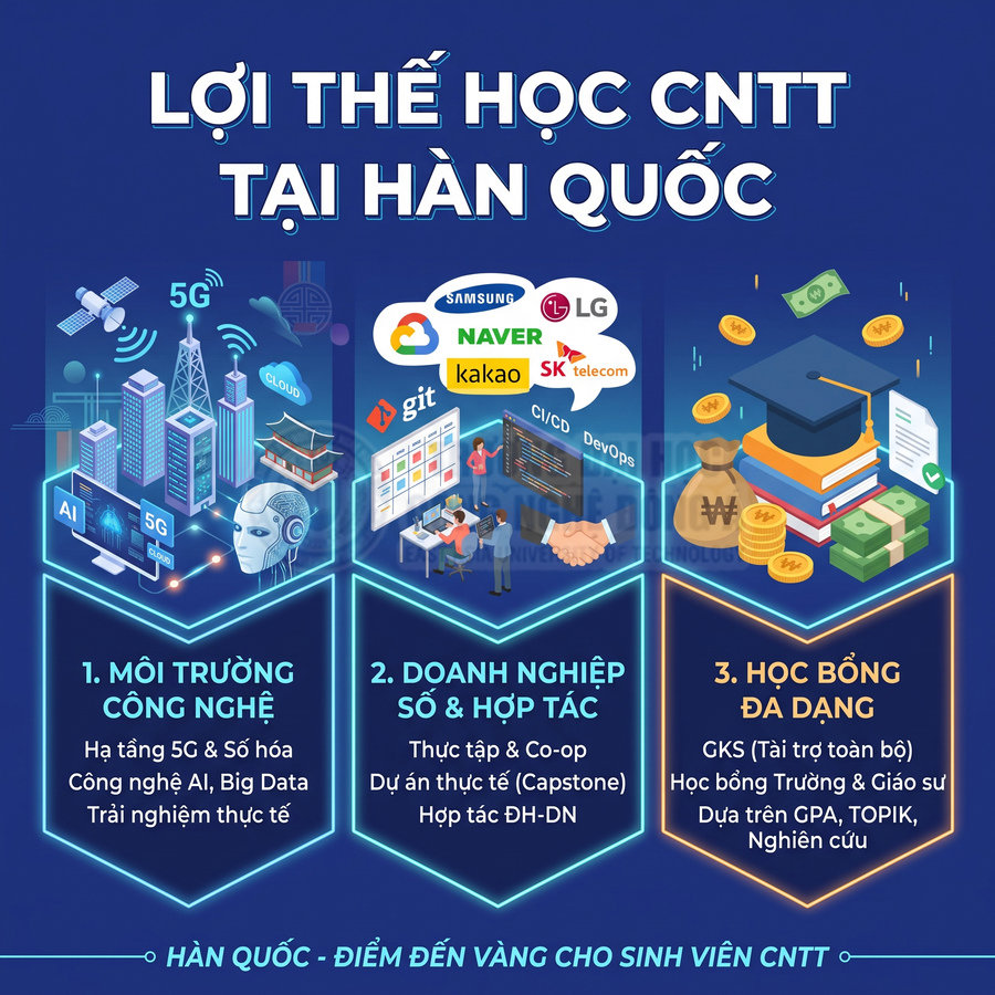 Poster giới thiệu lợi thế học CNTT tại Hàn Quốc với hạ tầng 5G, doanh nghiệp Samsung Naver Kakao LG và học bổng đa dạng