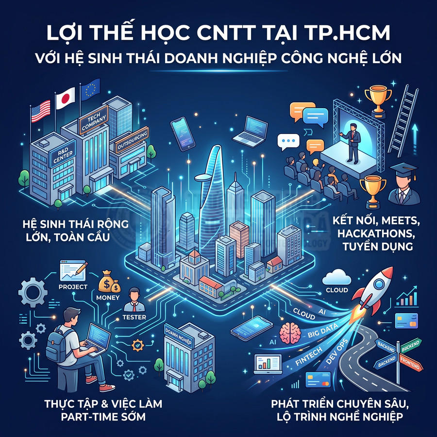 Lợi thế học CNTT tại TP.HCM với hệ sinh thái doanh nghiệp công nghệ lớn, cơ hội thực tập và phát triển nghề nghiệp