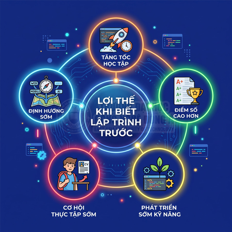 Lợi thế khi học lập trình sớm với các ích lợi tăng tốc học tập, định hướng nghề, điểm số cao, thực tập và phát triển kỹ năng