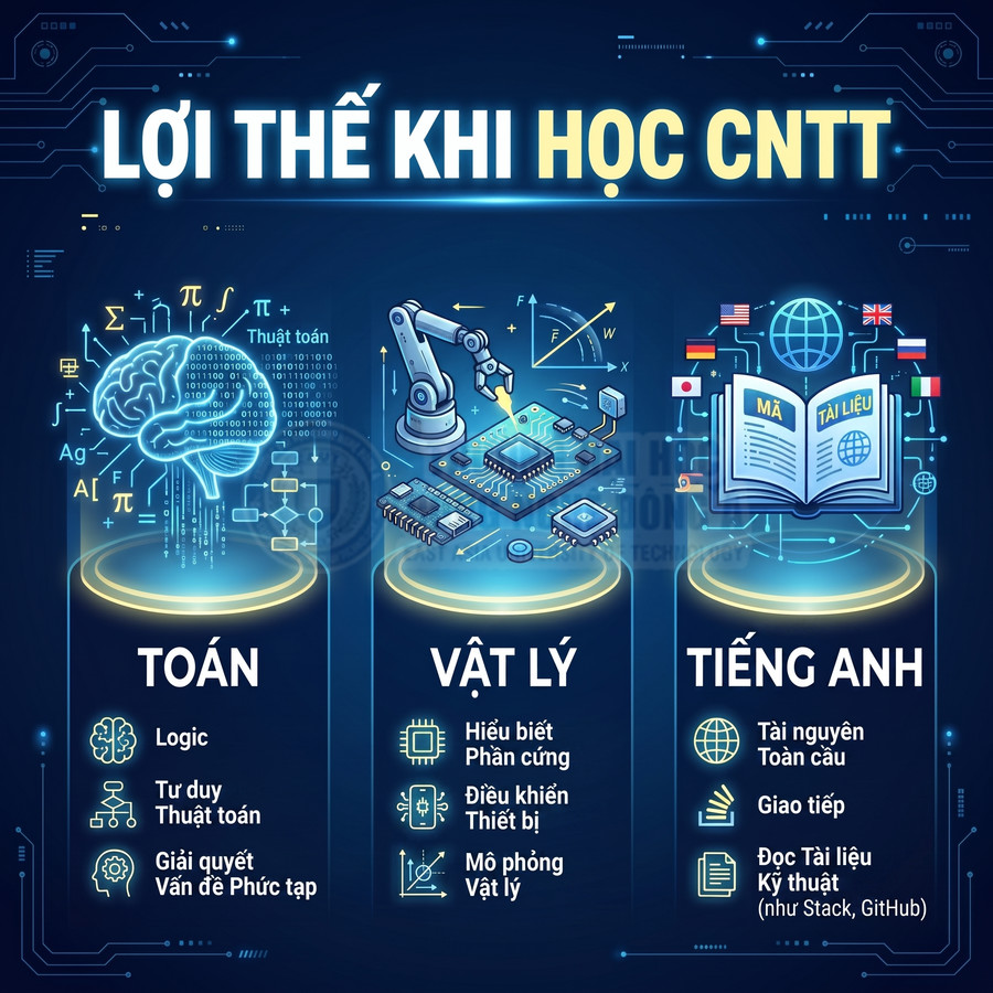 Lợi thế khi học CNTT với kiến thức Toán, Vật lý, Tiếng Anh minh họa bằng não bộ, robot, sách mã nguồn