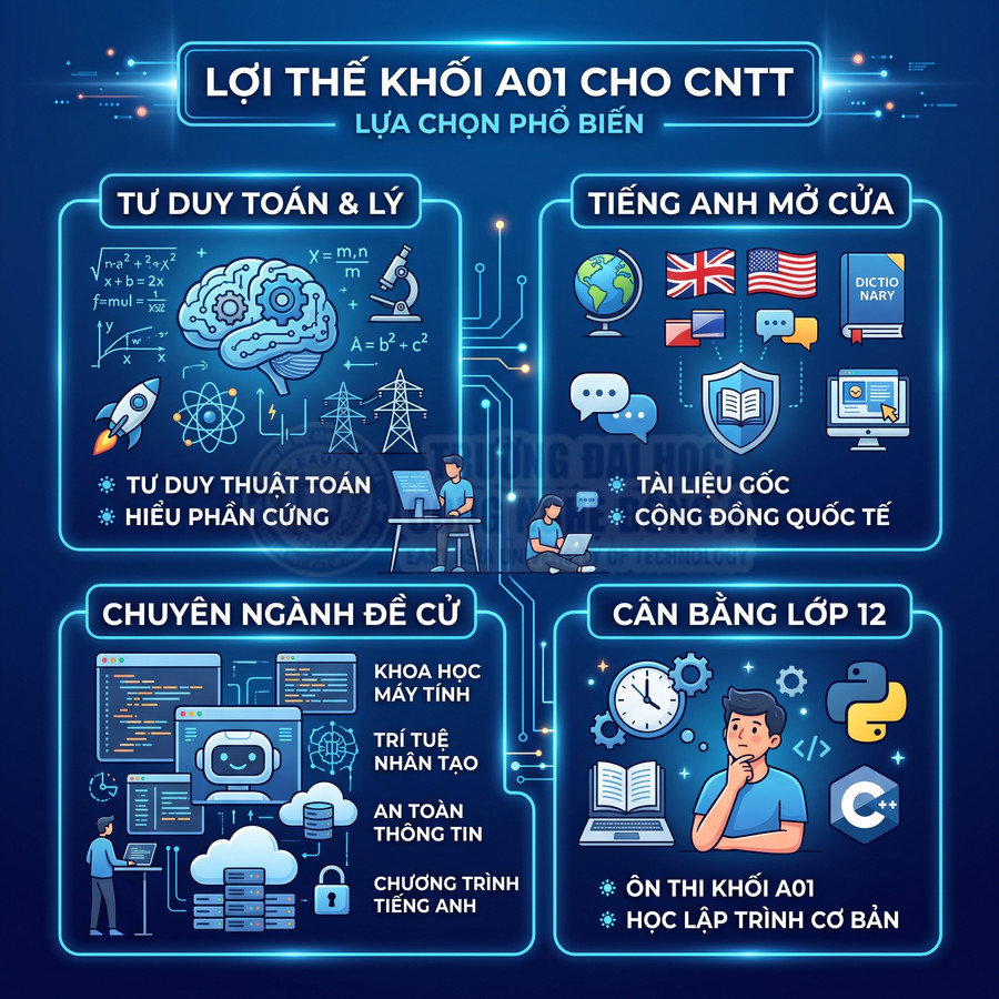 Infographic lợi thế khối A01 cho ngành công nghệ thông tin với tư duy toán lý, tiếng Anh và các chuyên ngành đề cử