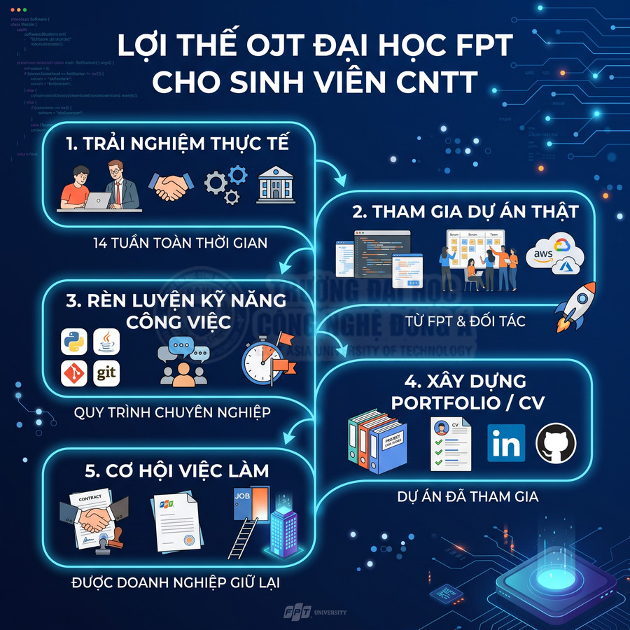 Infographic lợi thế chương trình OJT Đại học FPT cho sinh viên CNTT với trải nghiệm thực tế và cơ hội việc làm