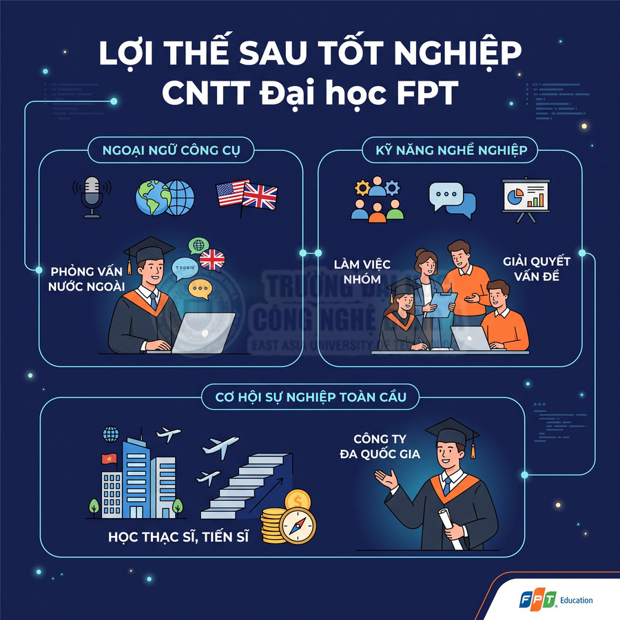 Infographic lợi thế sau tốt nghiệp ngành CNTT Đại học FPT về ngoại ngữ, kỹ năng nghề nghiệp và cơ hội sự nghiệp toàn cầu