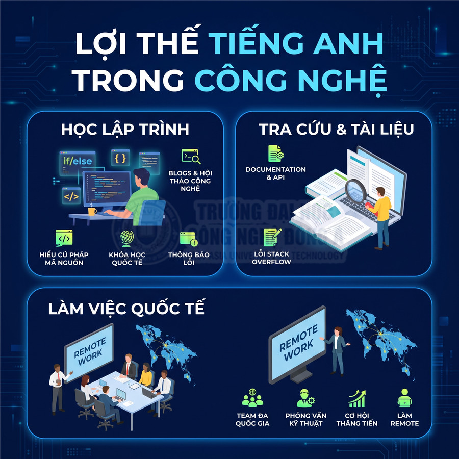 Infographic lợi thế tiếng Anh trong công nghệ về học lập trình, tra cứu tài liệu và làm việc quốc tế