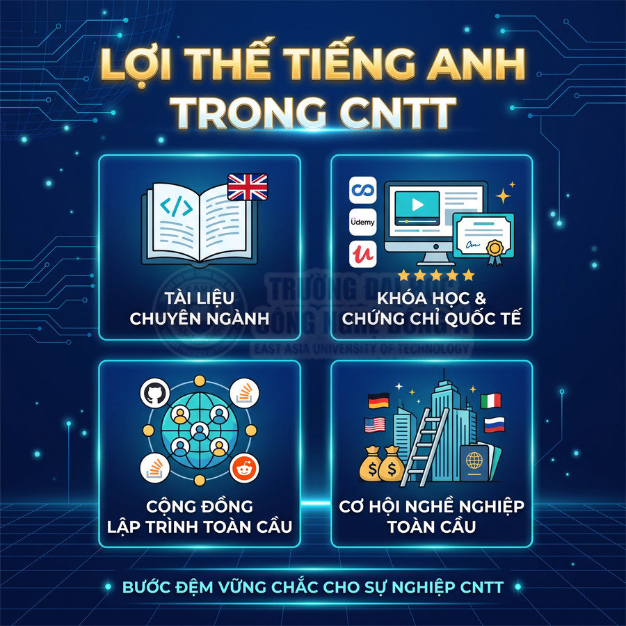 Lợi thế tiếng Anh trong ngành CNTT với tài liệu chuyên ngành, khóa học chứng chỉ, cộng đồng lập trình và cơ hội nghề nghiệp toàn cầu