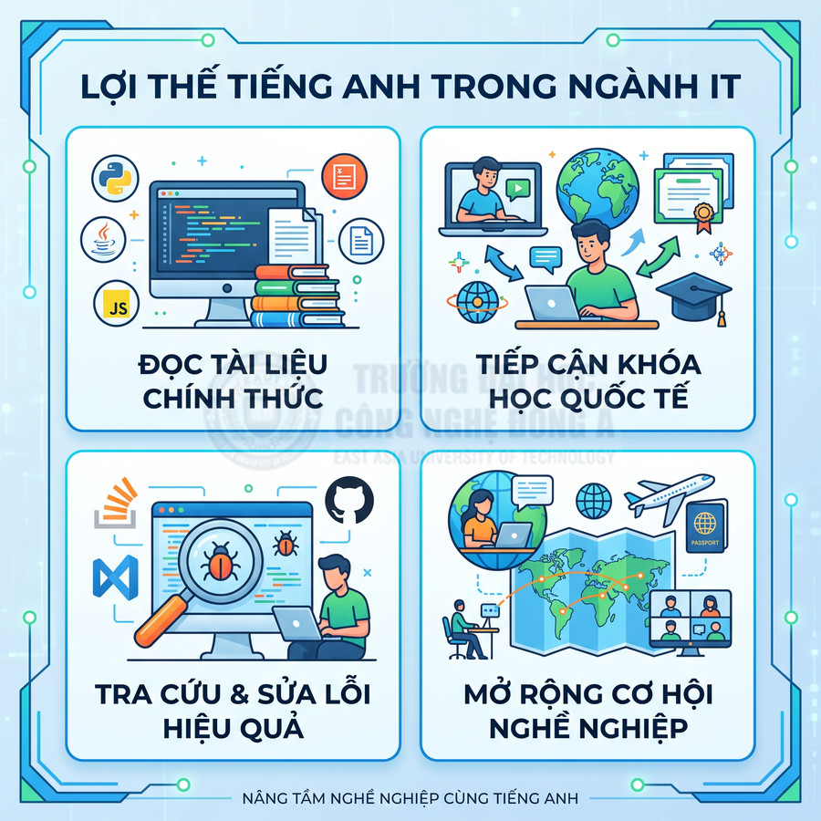 Infographic lợi thế tiếng Anh trong ngành IT với minh họa đọc tài liệu, học quốc tế, sửa lỗi và mở rộng cơ hội nghề nghiệp