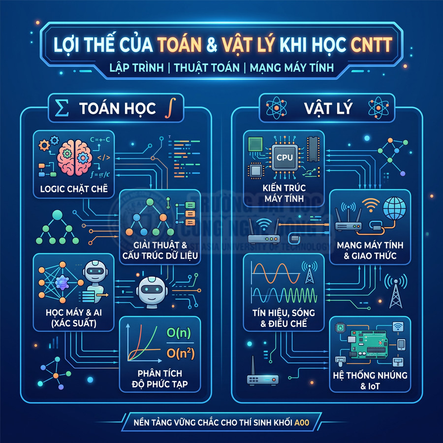 Lợi thế của toán và vật lý trong học CNTT với các mảng lập trình, thuật toán, mạng máy tính, AI và IoT