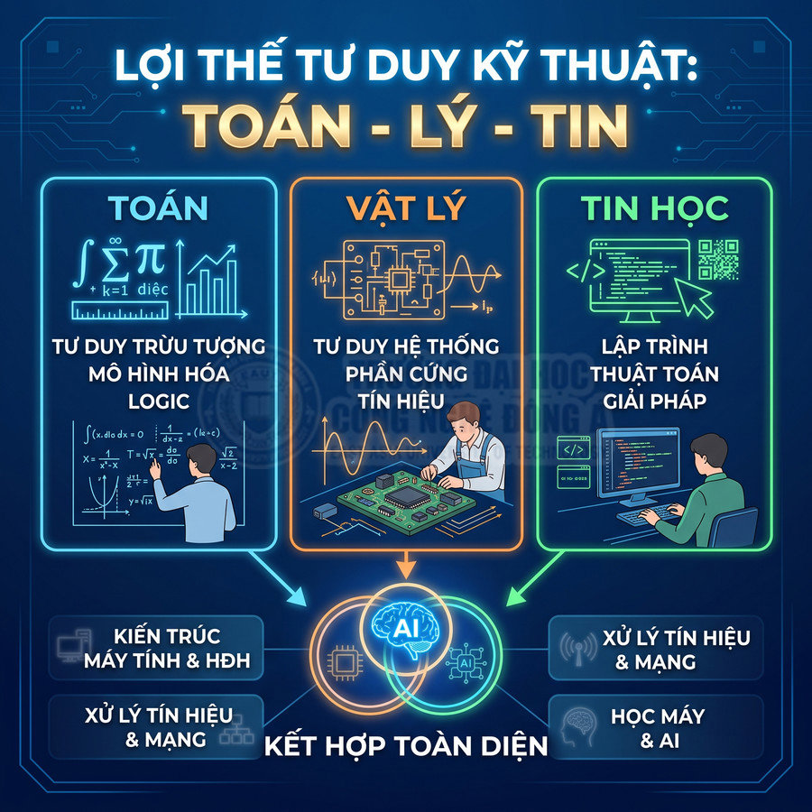 Infographic lợi thế tư duy kỹ thuật Toán Lý Tin với minh họa học toán, vật lý, lập trình và trí tuệ nhân tạo
