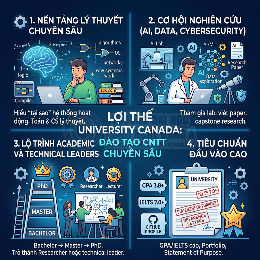Infographic giới thiệu lợi thế đào tạo CNTT chuyên sâu và tiêu chuẩn đầu vào cao tại University Canada