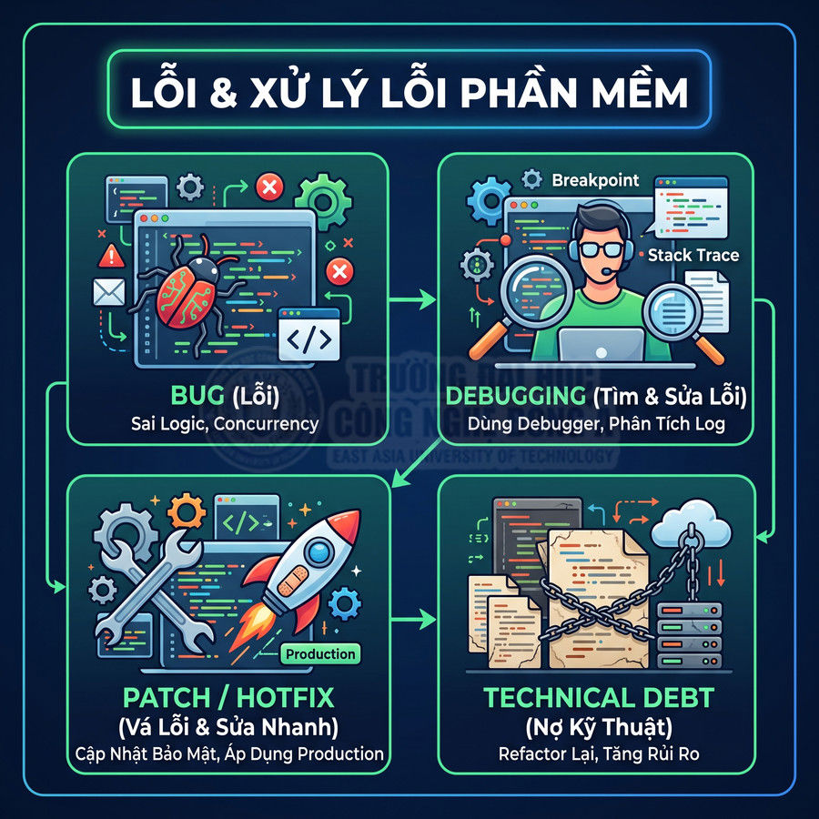 Minh họa quy trình xử lý lỗi phần mềm gồm bug, debugging, patch hotfix và nợ kỹ thuật