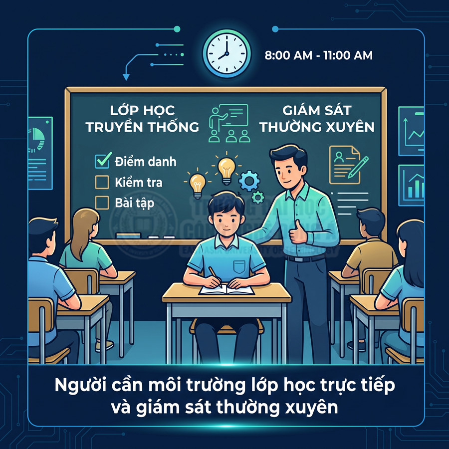 Lớp học truyền thống với giáo viên giám sát học sinh làm bài trong lớp trực tiếp