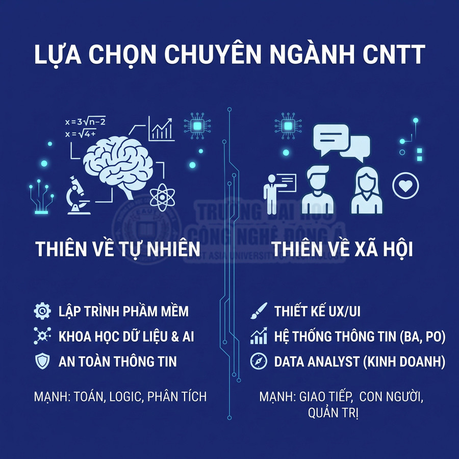 Infographic lựa chọn chuyên ngành CNTT cho nhóm thiên về tự nhiên và thiên về xã hội
