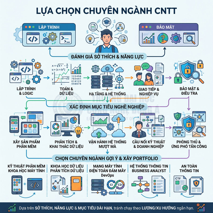 Infographic hướng dẫn lựa chọn chuyên ngành CNTT dựa trên sở thích, năng lực và mục tiêu nghề nghiệp