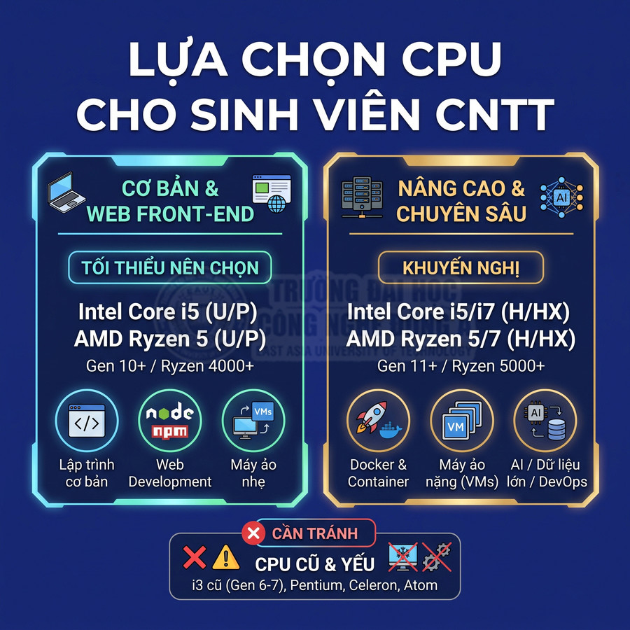 Infographic tư vấn chọn CPU Intel Core i5 i7 và AMD Ryzen 5 7 cho sinh viên CNTT, tránh CPU cũ yếu