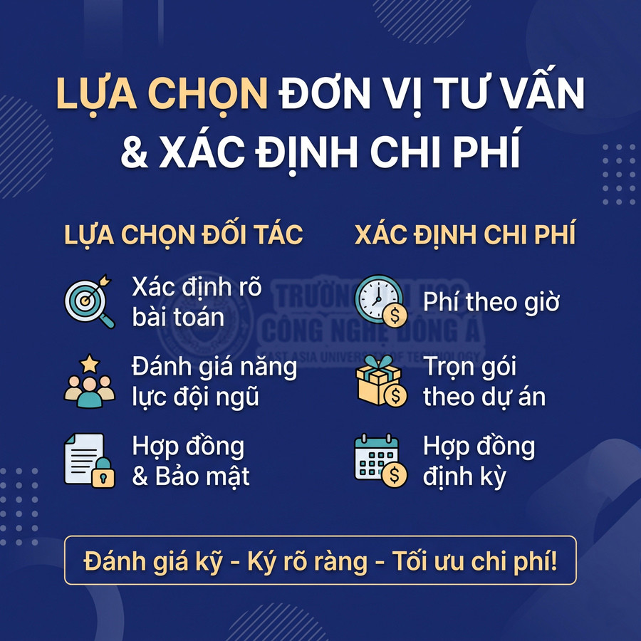 Lựa chọn đơn vị tư vấn, đánh giá năng lực và hợp đồng, xác định chi phí theo giờ, dự án hoặc định kỳ