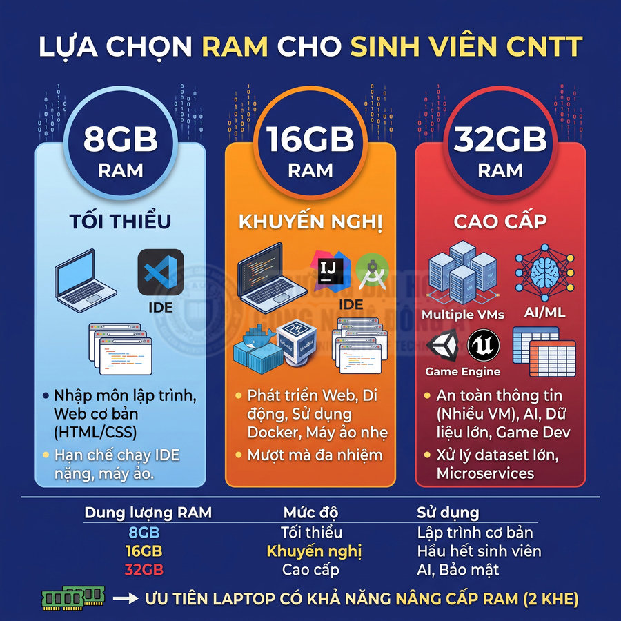 Infographic tư vấn chọn dung lượng RAM 8GB 16GB 32GB cho laptop sinh viên công nghệ thông tin