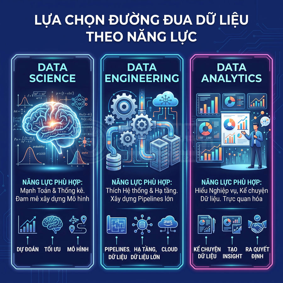 So sánh ba lộ trình nghề nghiệp Data Science, Data Engineering và Data Analytics cùng kỹ năng phù hợp