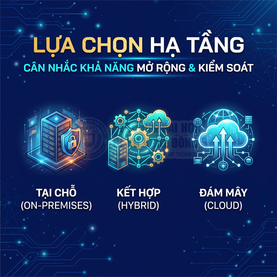 Ba mô hình hạ tầng công nghệ: tại chỗ, kết hợp hybrid và điện toán đám mây, cân nhắc khả năng mở rộng và kiểm soát