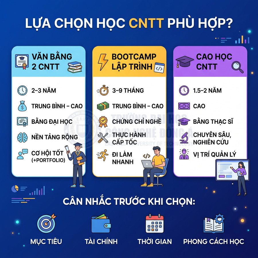 So sánh lựa chọn học CNTT: văn bằng 2, bootcamp lập trình và cao học, kèm tiêu chí mục tiêu tài chính thời gian