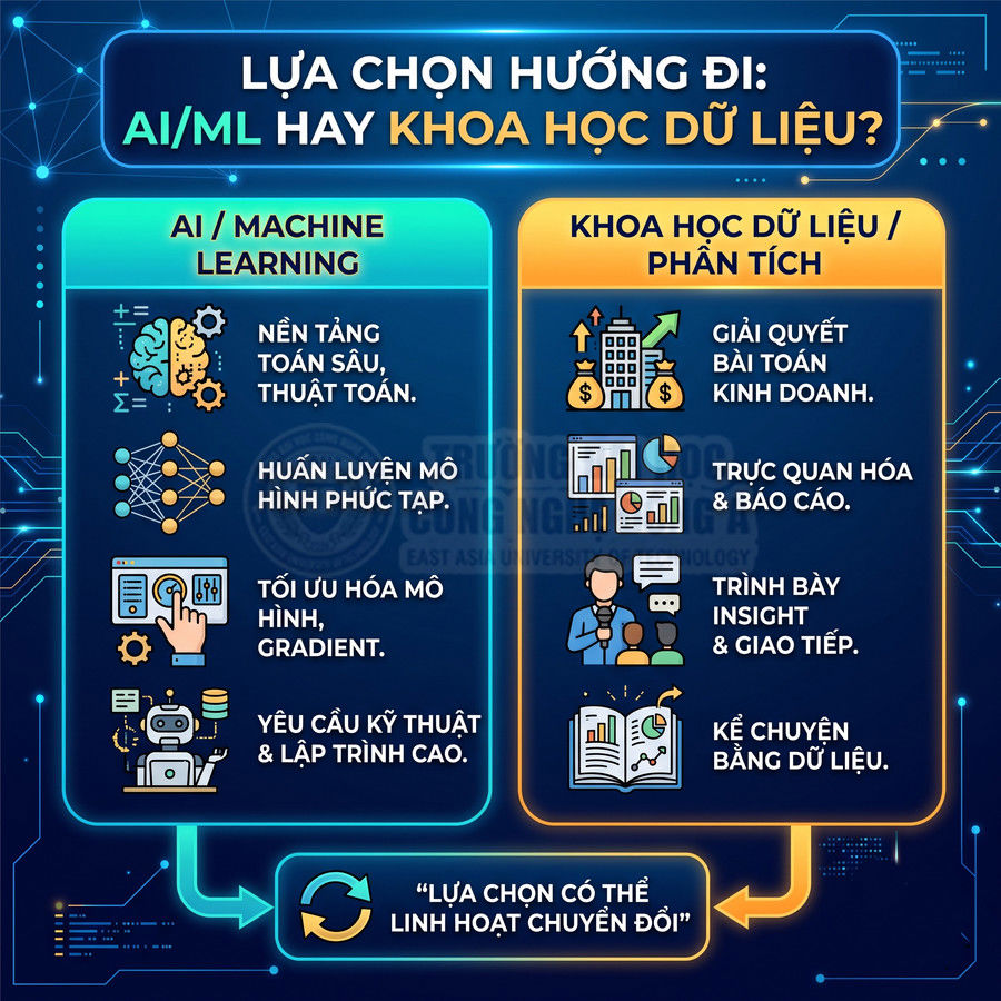So sánh lộ trình AI Machine Learning và Khoa học dữ liệu phân tích với các kỹ năng và nhiệm vụ chính
