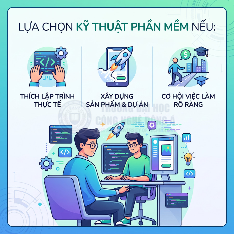 Minh họa sinh viên học kỹ thuật phần mềm, lập trình trên máy tính với các biểu tượng dự án và cơ hội việc làm