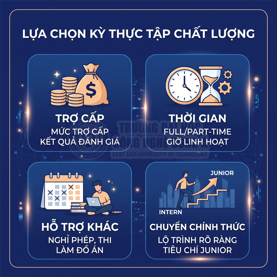 Poster giới thiệu kỳ thực tập chất lượng với trợ cấp, thời gian linh hoạt, hỗ trợ khác và lộ trình chuyển chính thức