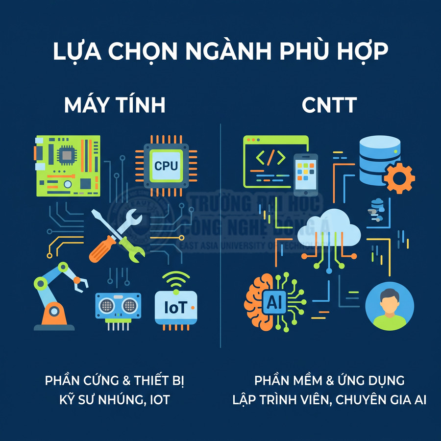 So sánh ngành máy tính phần cứng IoT và ngành CNTT phần mềm lập trình AI trên nền xanh