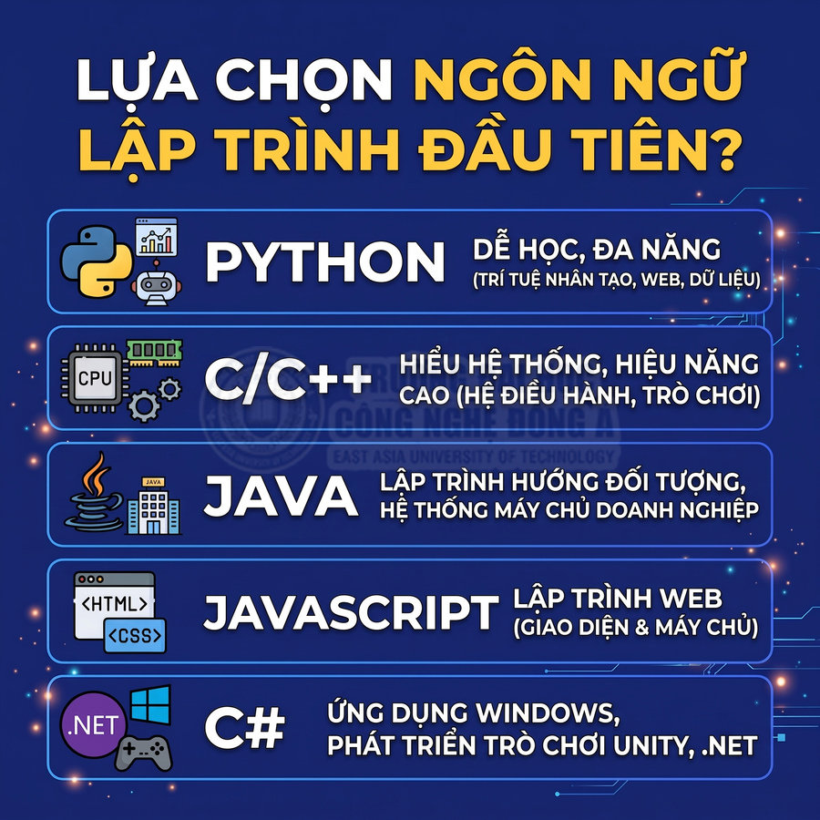 So sánh các ngôn ngữ lập trình đầu tiên nên học: Python, C C++, Java, JavaScript, C# và ứng dụng tiêu biểu