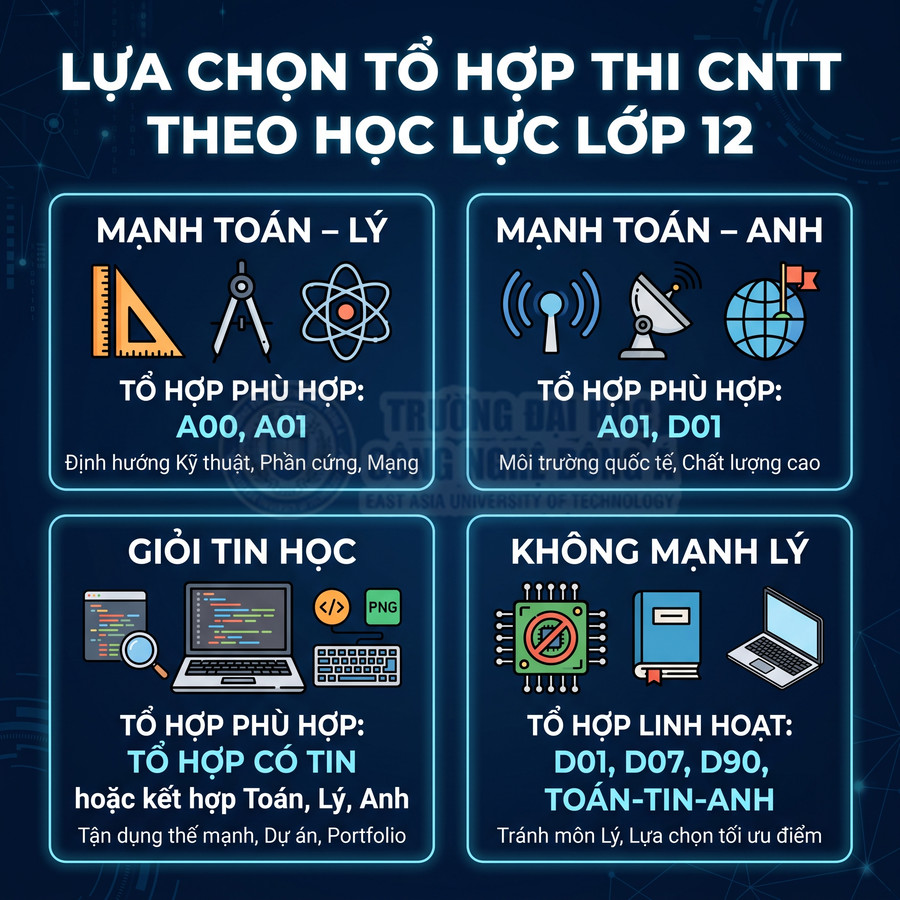 Infographic lựa chọn tổ hợp thi CNTT theo học lực lớp 12 với các nhóm mạnh Toán Lý, Toán Anh, giỏi Tin học, không mạnh Lý