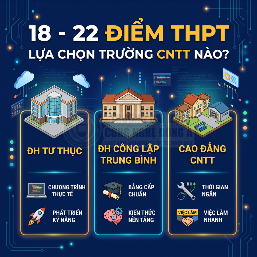 So sánh lựa chọn trường công nghệ thông tin cho thí sinh 18 đến 22 điểm THPT