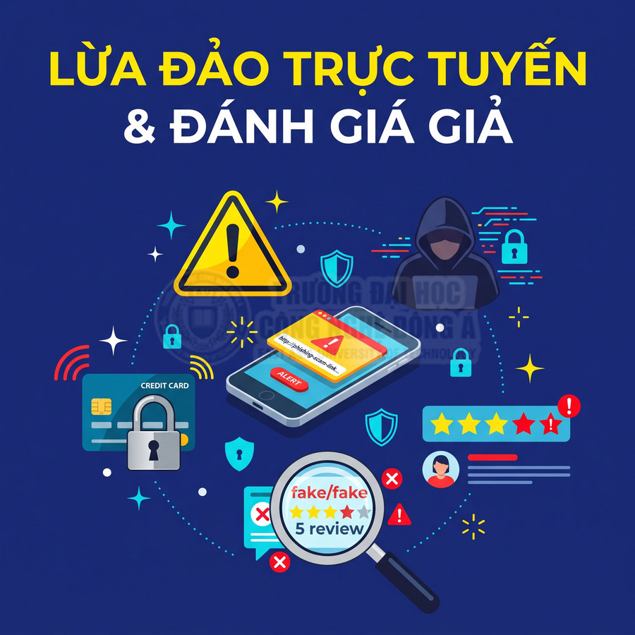 Cảnh báo lừa đảo trực tuyến và đánh giá giả với điện thoại, thẻ tín dụng bị khóa và biểu tượng bảo mật