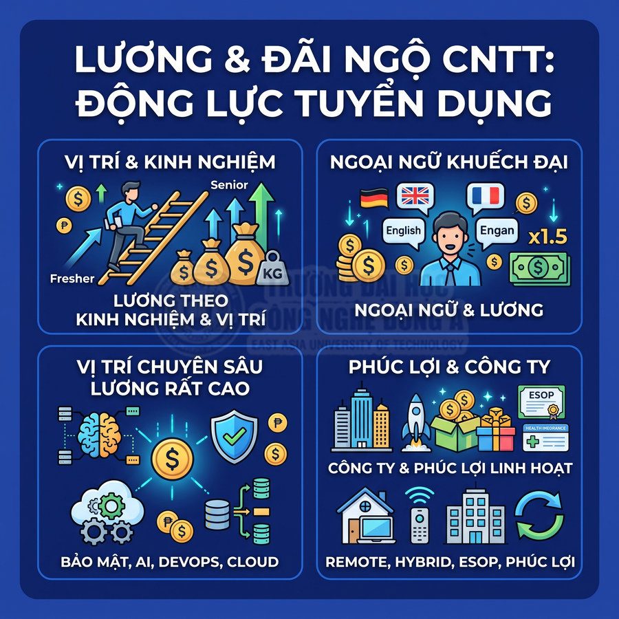 Infographic lương và đãi ngộ ngành CNTT với các yếu tố vị trí, ngoại ngữ, chuyên môn sâu và phúc lợi công ty