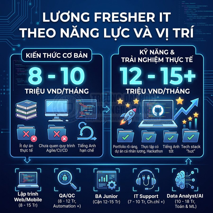 Bảng so sánh mức lương fresher IT theo năng lực, kỹ năng thực tế và các vị trí như lập trình, QA, BA, IT Support, Data Analyst
