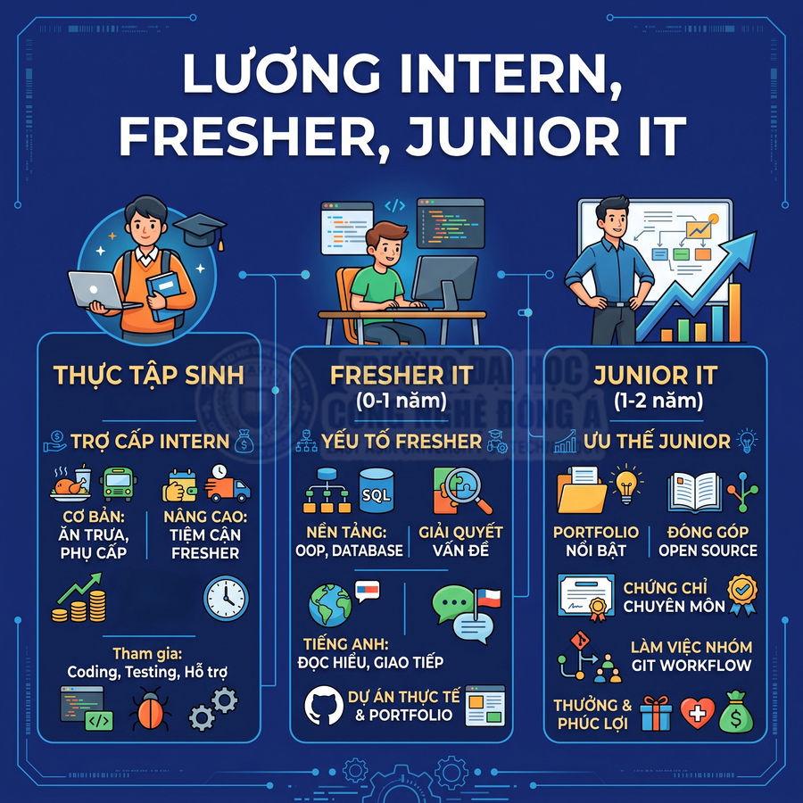 Infographic lương và kỹ năng cần có cho thực tập sinh, fresher IT và junior IT trong ngành công nghệ thông tin