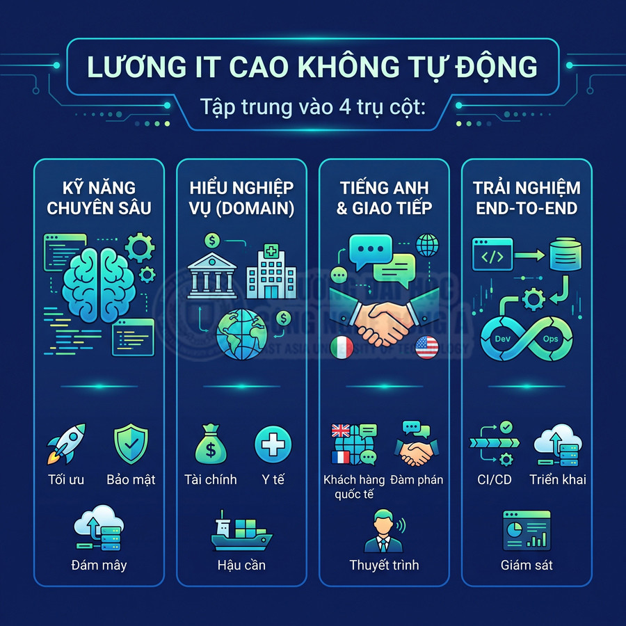 Infographic lương IT cao với 4 trụ cột kỹ năng chuyên sâu, hiểu nghiệp vụ, tiếng Anh giao tiếp và trải nghiệm end to end