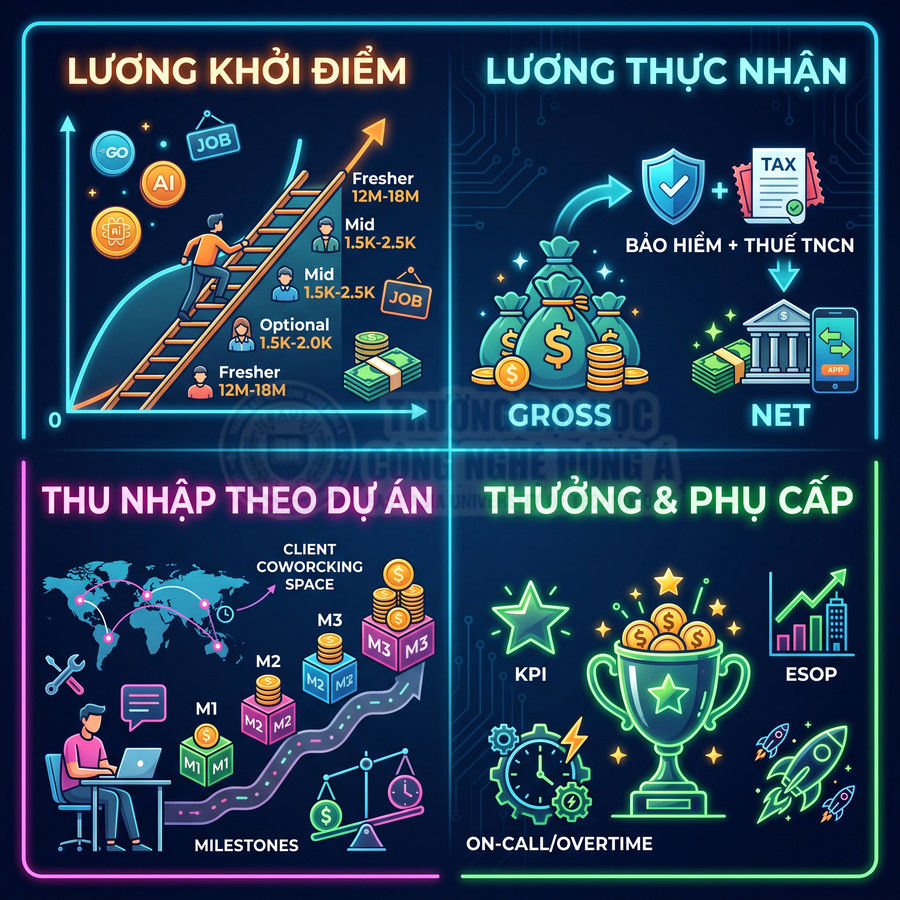 Infographic lộ trình lương, thu nhập theo dự án và thưởng phụ cấp cho nhân viên IT