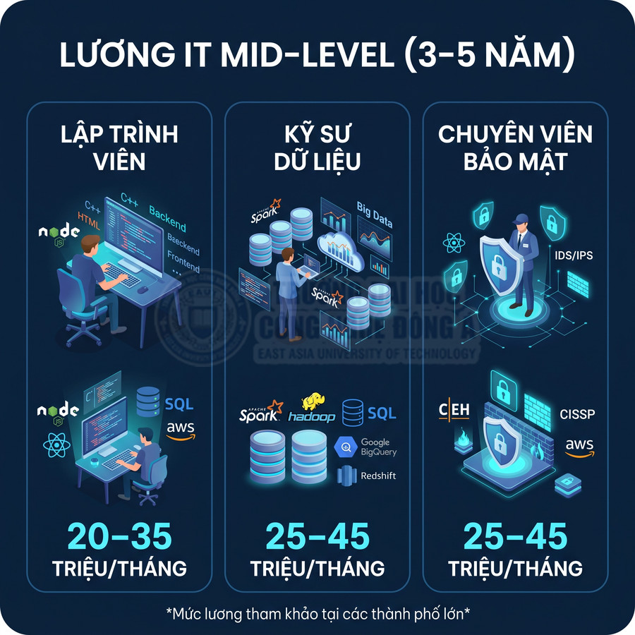 Infographic mức lương IT mid level 3 đến 5 năm cho lập trình viên, kỹ sư dữ liệu và chuyên viên bảo mật
