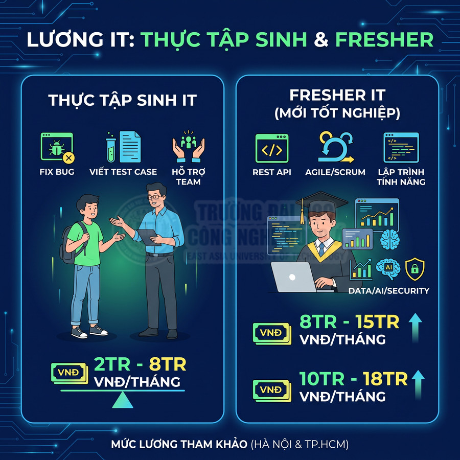 Infographic mức lương IT cho thực tập sinh và fresher, mô tả công việc và thu nhập tham khảo tại Hà Nội và TP HCM