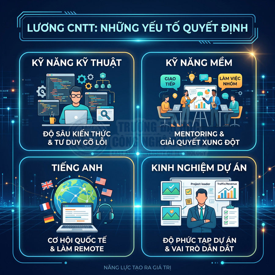 Infographic các yếu tố quyết định lương ngành CNTT gồm kỹ năng kỹ thuật, kỹ năng mềm, tiếng Anh và kinh nghiệm dự án