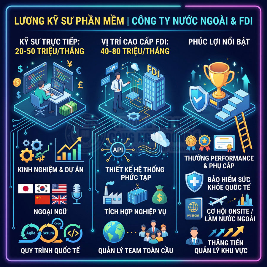 Infographic mức lương, kỹ năng và phúc lợi của kỹ sư phần mềm tại công ty nước ngoài và FDI