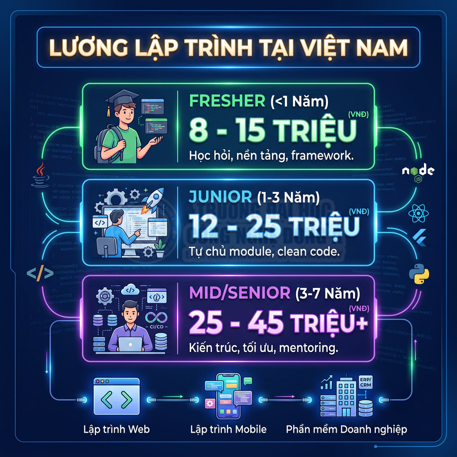 Bảng lương lập trình viên tại Việt Nam cho fresher, junior, mid senior và các mảng web, mobile, phần mềm doanh nghiệp
