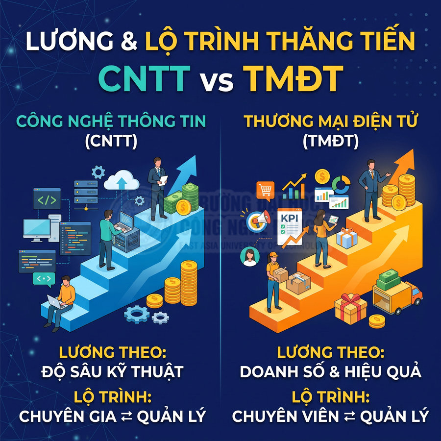So sánh lương và lộ trình thăng tiến ngành CNTT và thương mại điện tử qua hình minh họa bậc thang, tiền xu và biểu đồ kinh doanh