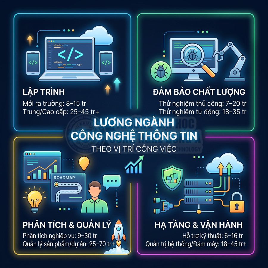 Infographic mức lương các vị trí ngành công nghệ thông tin như lập trình, kiểm thử, phân tích và quản trị hệ thống