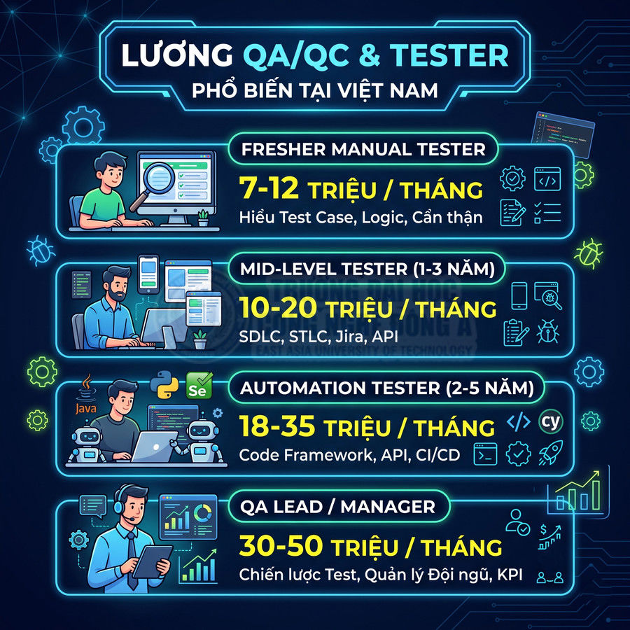 Mức lương phổ biến cho các vị trí QA QC Tester tại Việt Nam từ fresher đến QA lead