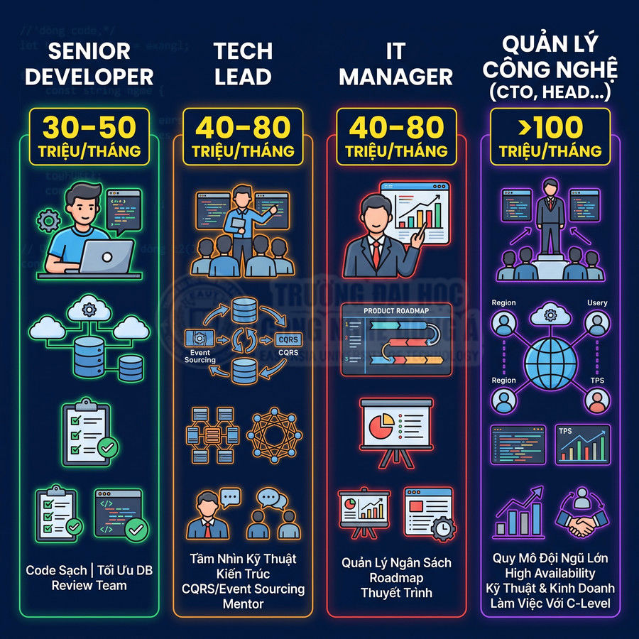 Infographic lộ trình nghề nghiệp IT từ Senior Developer đến Tech Lead, IT Manager và Quản lý công nghệ kèm mức lương tháng