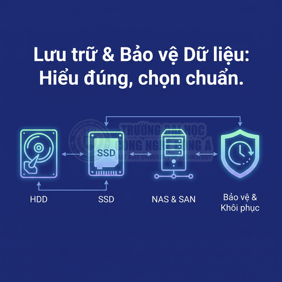 Minh họa các giải pháp lưu trữ dữ liệu HDD, SSD, NAS và SAN cùng bảo vệ, khôi phục dữ liệu